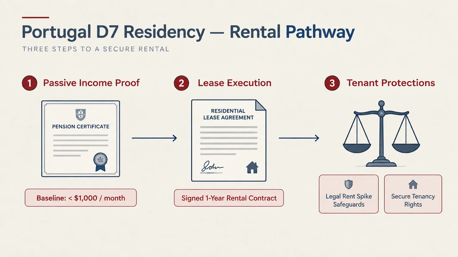 Diagram outlining three steps for Portugal's D7 visa: passive income proof, lease execution, and tenant protections.