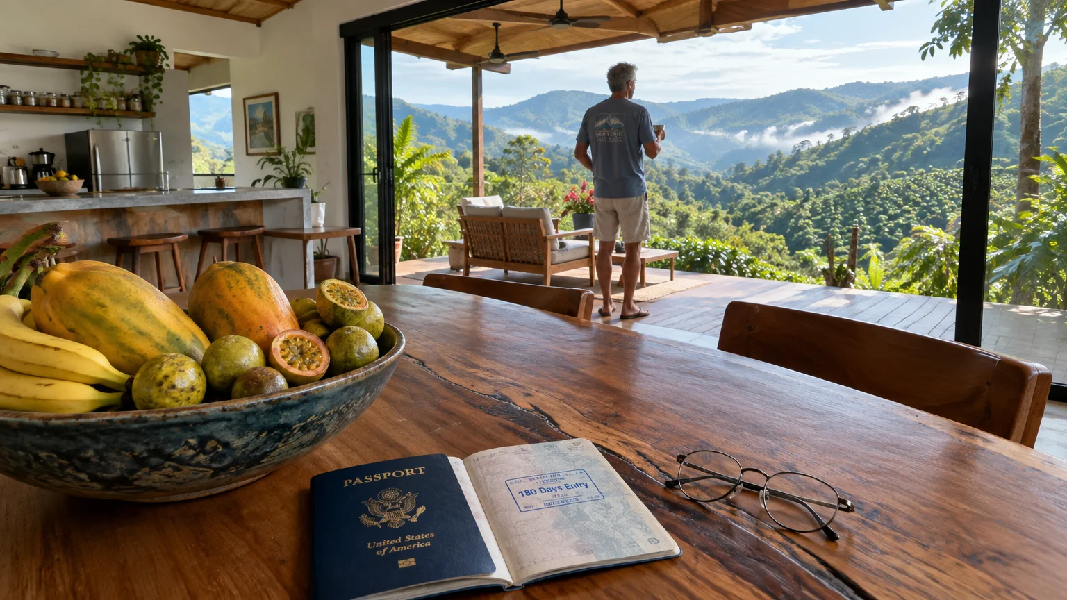 A passport stamped with 180 days entry on a wooden table overlooking a man on a scenic mountain balcony.