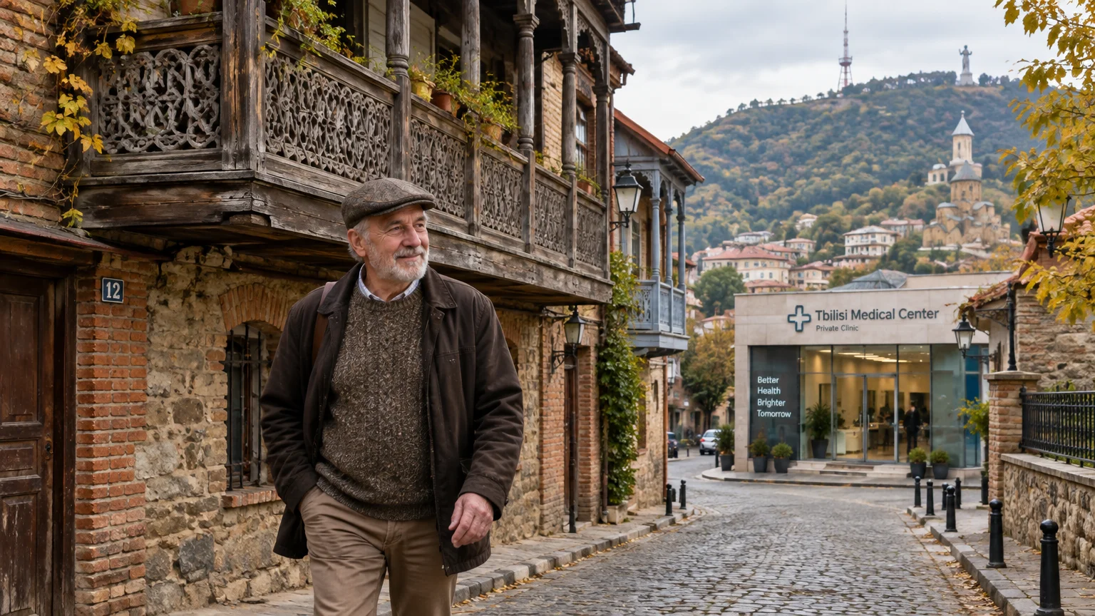 A senior man walks along a cobblestone street lined with traditional carved wooden balconies near a modern medical center.