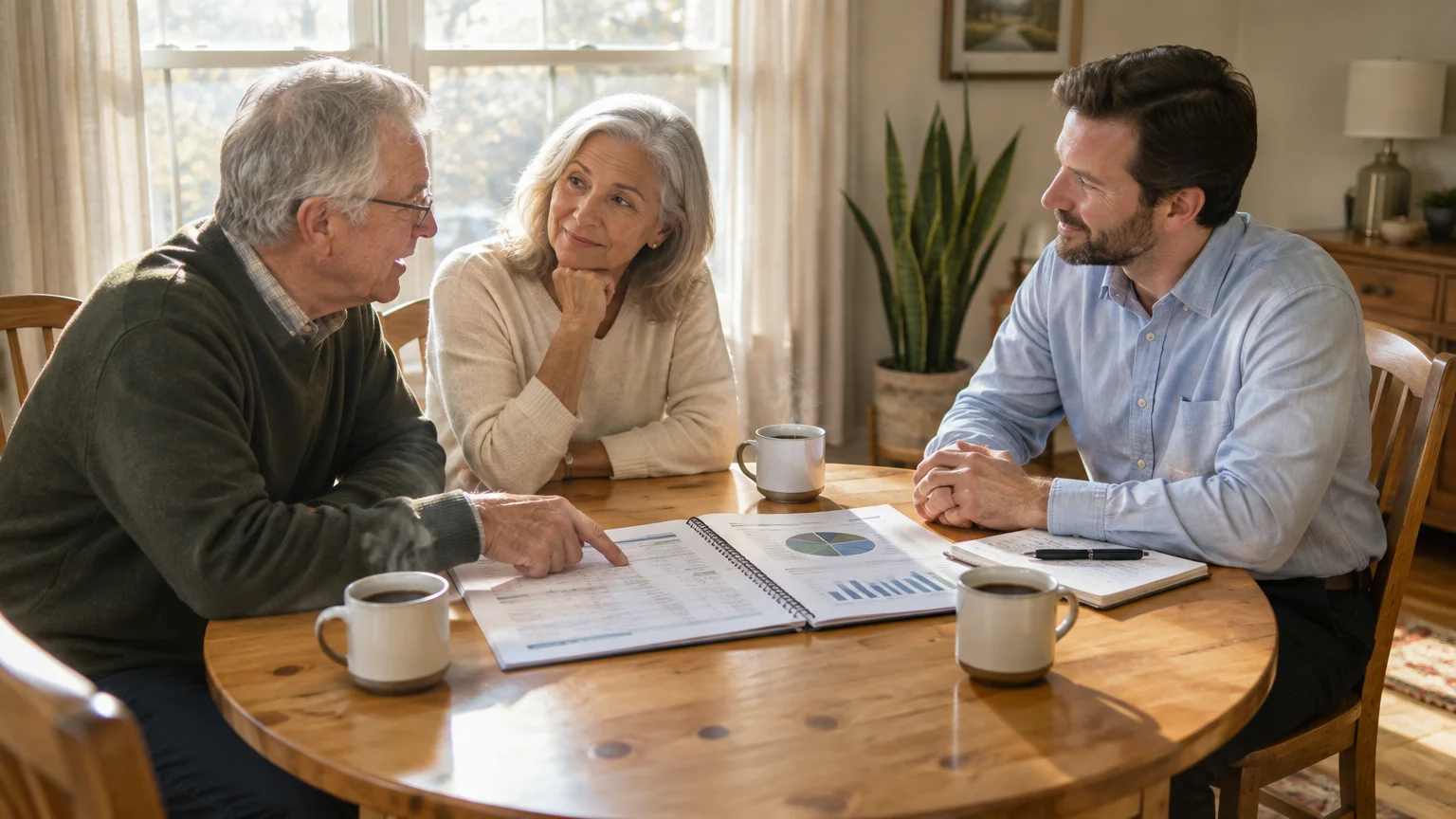 An older couple sits at a wooden table with a financial advisor reviewing charts and paperwork over coffee.