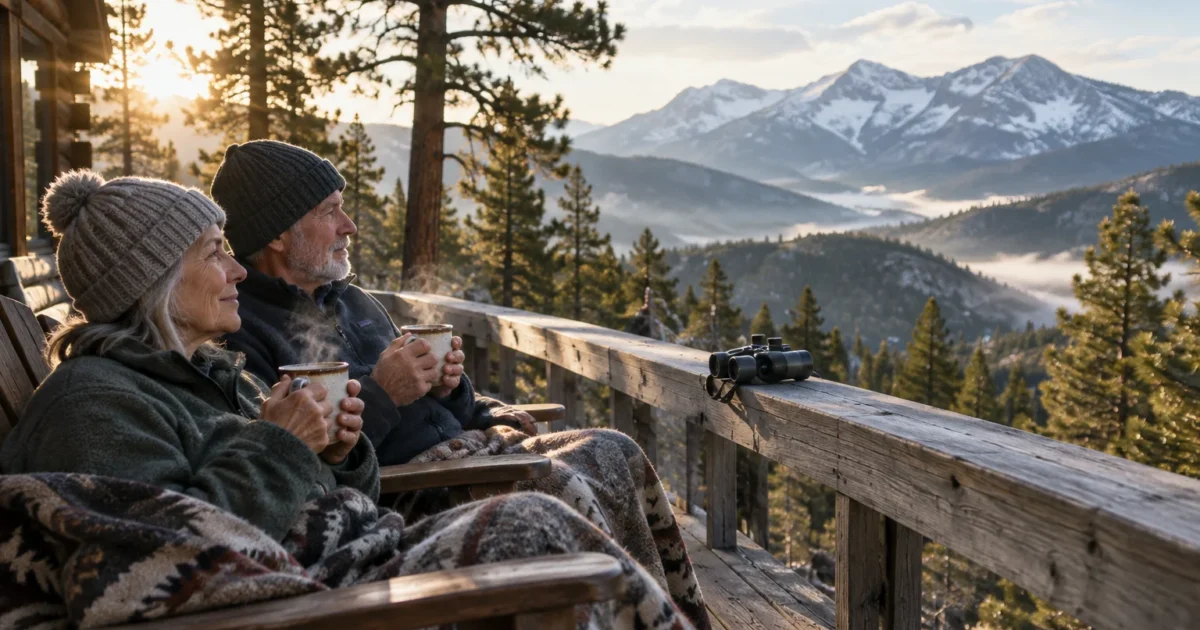 Senior couple in warm clothes sitting on a wooden cabin deck holding mugs and looking out at snow-capped mountains.
