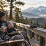Senior couple in warm clothes sitting on a wooden cabin deck holding mugs and looking out at snow-capped mountains.