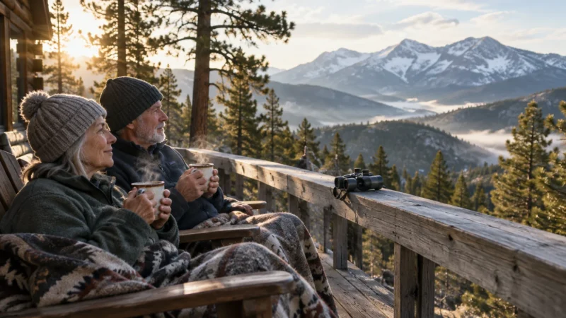 Senior couple in warm clothes sitting on a wooden cabin deck holding mugs and looking out at snow-capped mountains.