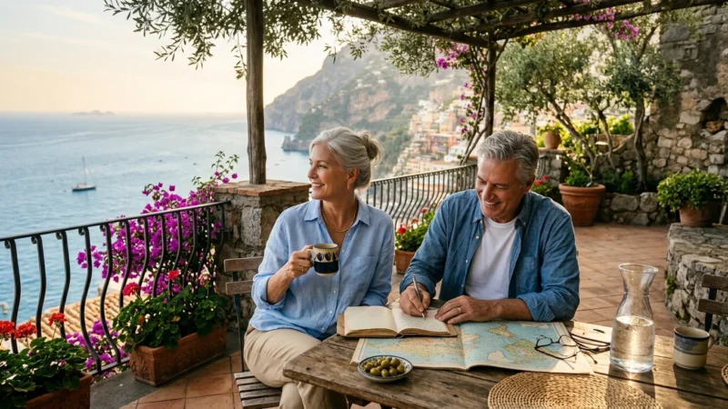Mature couple sitting on a coastal terrace studying a world map overlooking the sea and cliffside village.