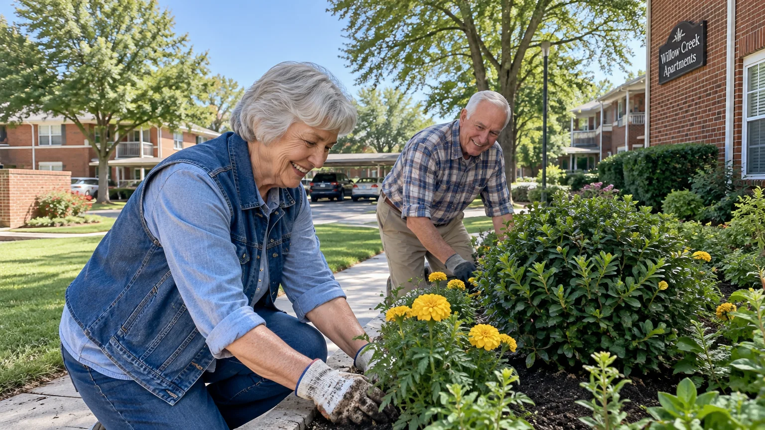 An older couple smiles while gardening in a flower bed outside the Willow Creek Apartments complex on a sunny day.