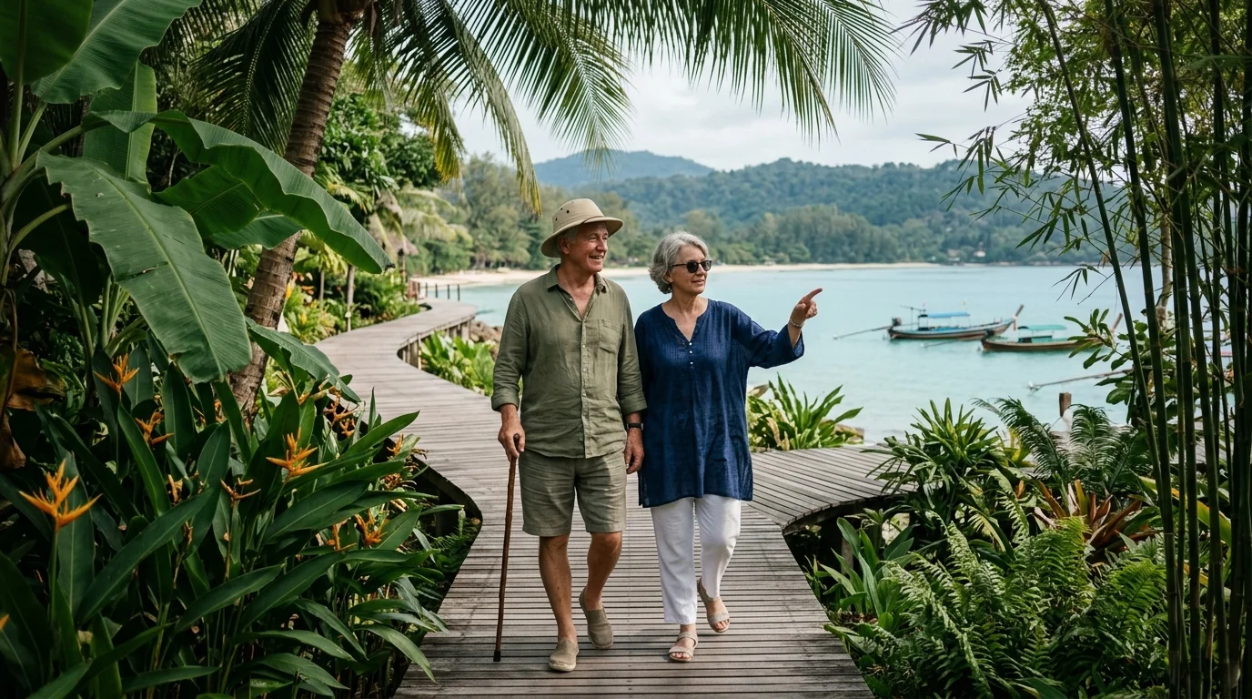 An older couple walks along a wooden boardwalk beside a tropical bay with palm trees and boats.