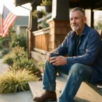 Mature man sitting on a wooden front porch holding a coffee mug, with an American flag hanging in the background.