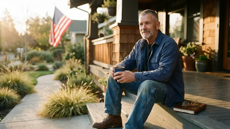 Mature man sitting on a wooden front porch holding a coffee mug, with an American flag hanging in the background.