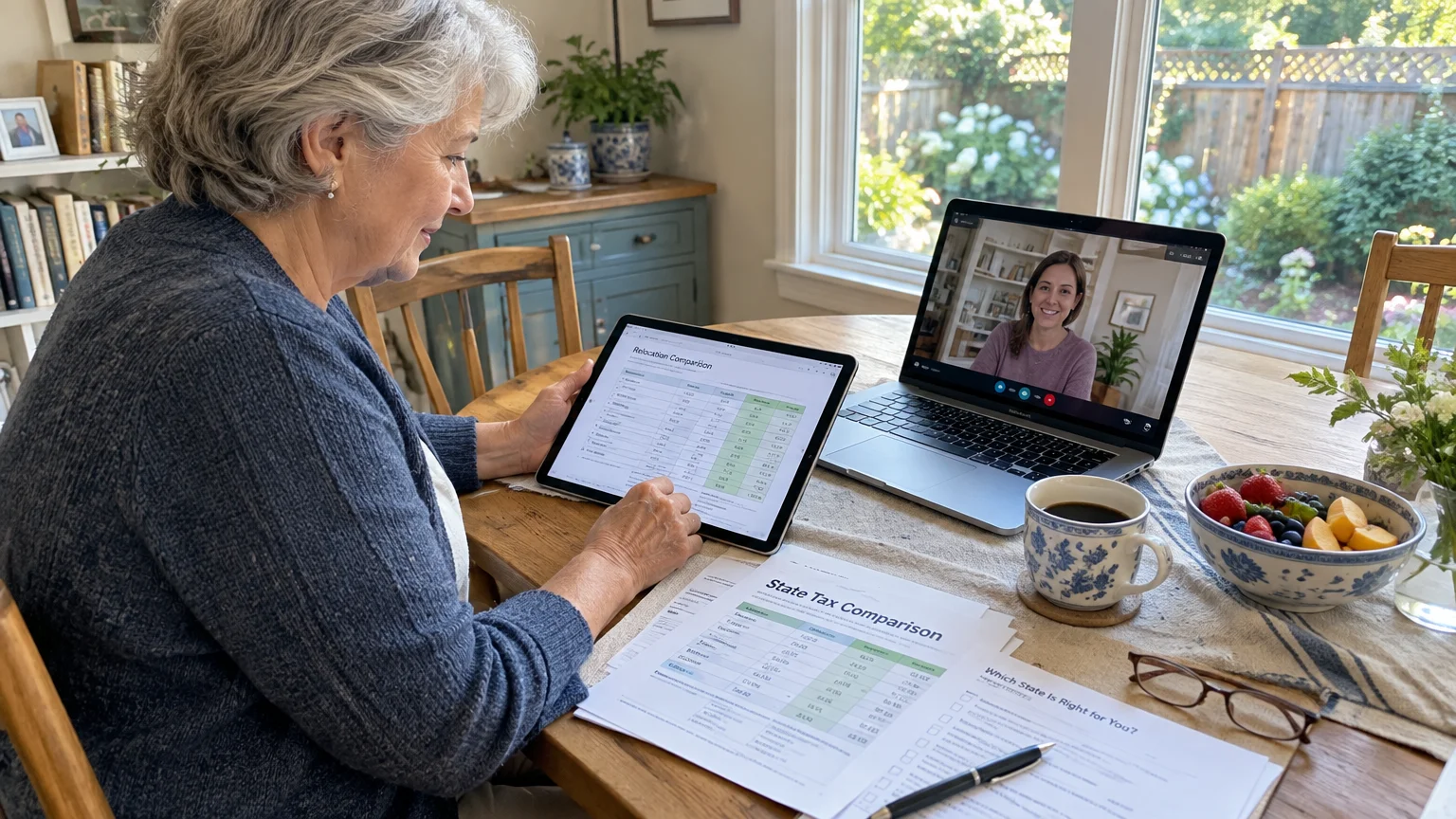 Senior woman reviewing state tax comparison papers and a tablet during a video call on her laptop at home.