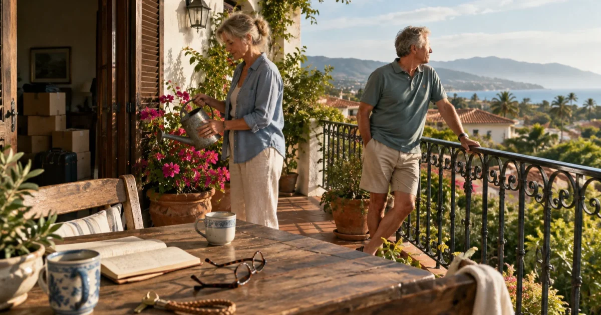 Senior couple on a sunny villa balcony overlooking the sea, with a woman watering flowers and a man leaning on the railing.
