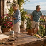 Senior couple on a sunny villa balcony overlooking the sea, with a woman watering flowers and a man leaning on the railing.