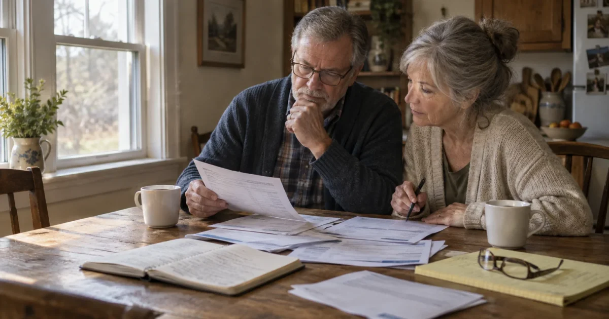 An older couple sitting at a wooden kitchen table, looking over paperwork, bills, and a notebook with cups of coffee nearby.