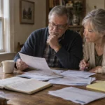 An older couple sitting at a wooden kitchen table, looking over paperwork, bills, and a notebook with cups of coffee nearby.