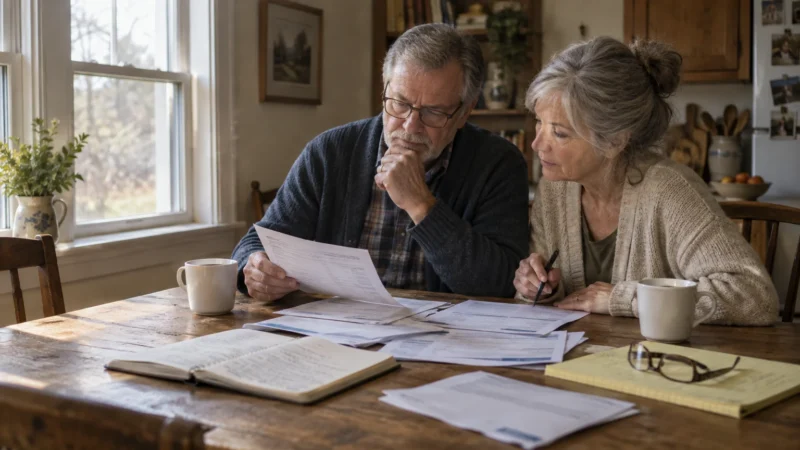 An older couple sitting at a wooden kitchen table, looking over paperwork, bills, and a notebook with cups of coffee nearby.