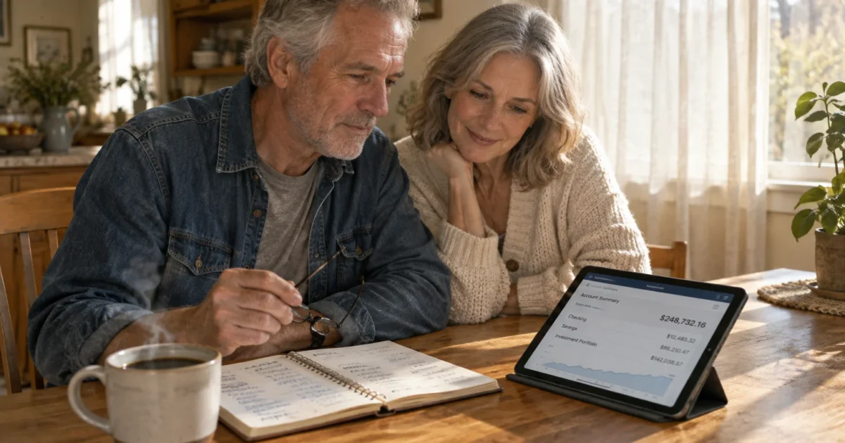 Older couple reviewing account balances on a tablet and notebook at a kitchen table with coffee.