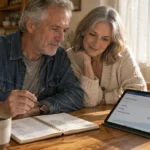 Older couple reviewing account balances on a tablet and notebook at a kitchen table with coffee.