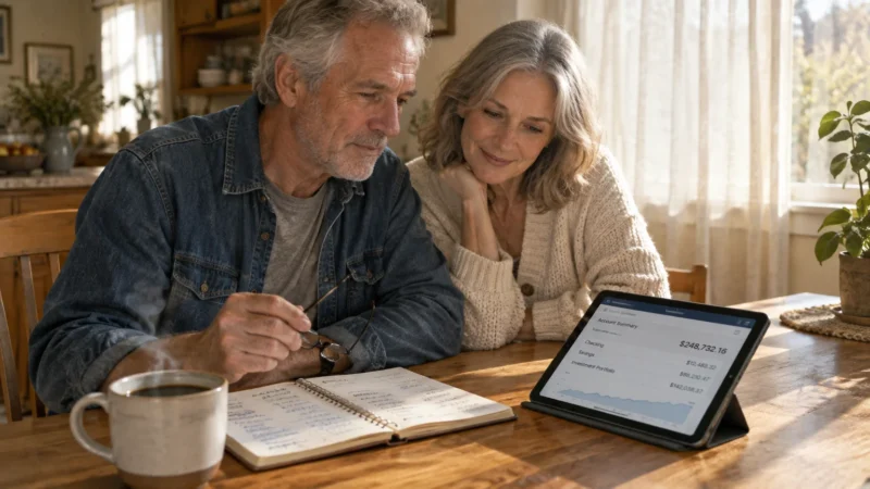 Older couple reviewing account balances on a tablet and notebook at a kitchen table with coffee.