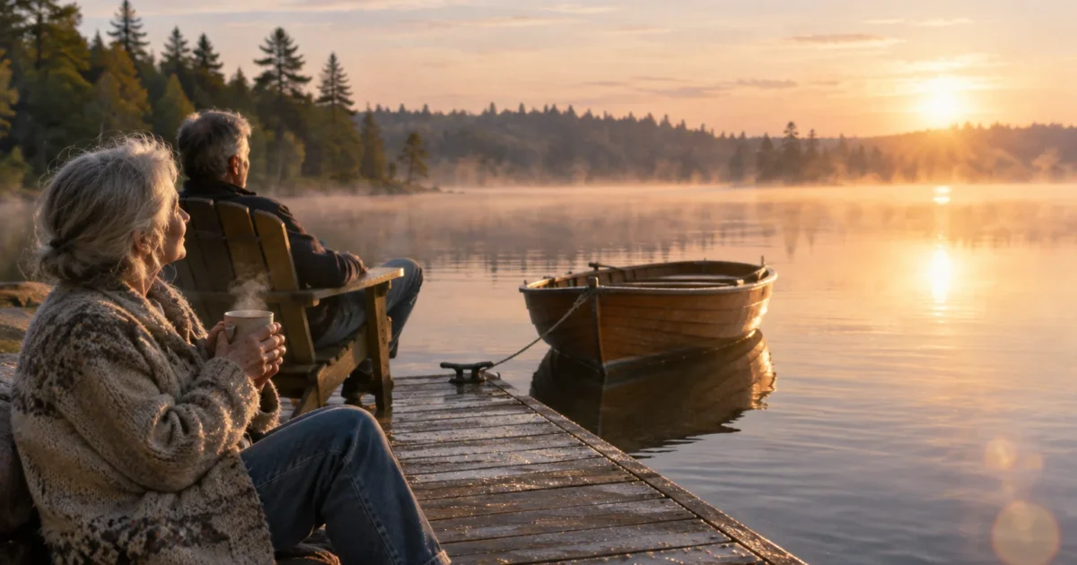 Older couple sitting on a wooden dock by a misty lake at sunrise with a small rowboat tied nearby.