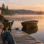 Older couple sitting on a wooden dock by a misty lake at sunrise with a small rowboat tied nearby.