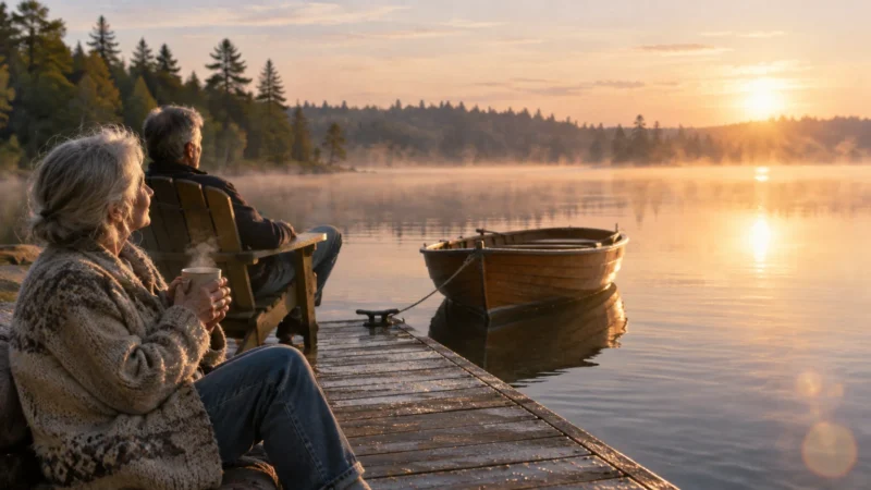 Older couple sitting on a wooden dock by a misty lake at sunrise with a small rowboat tied nearby.