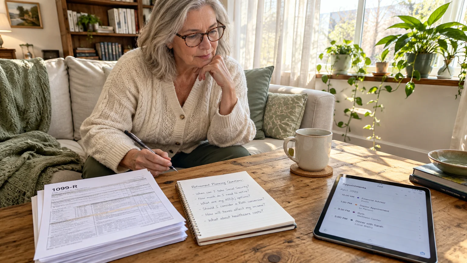 Woman sitting on a sofa reviewing tax forms, writing in a notepad beside a coffee mug and tablet on a wooden table.