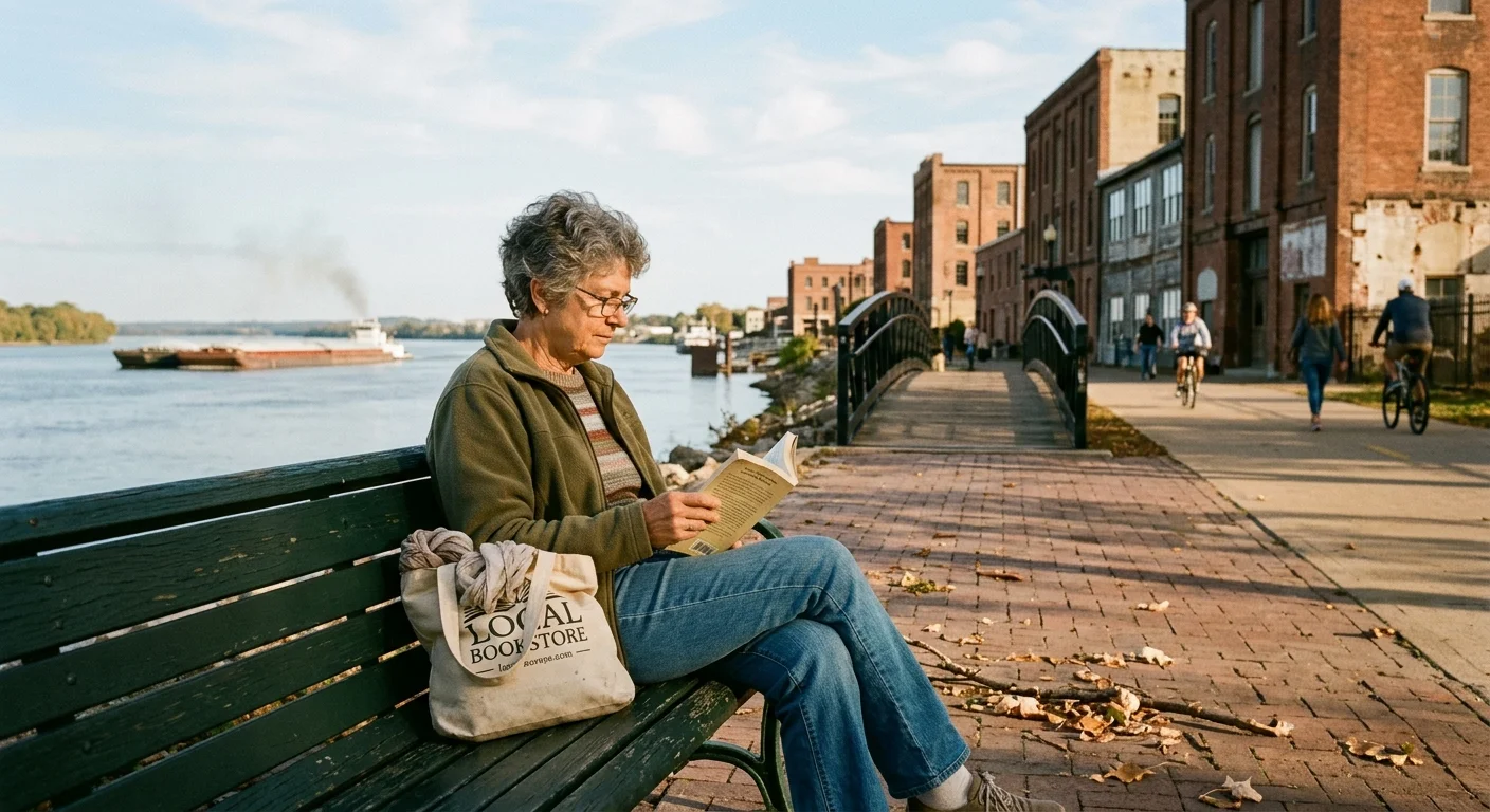 An older woman sits on a green park bench reading a book along a paved riverfront path lined with brick buildings.