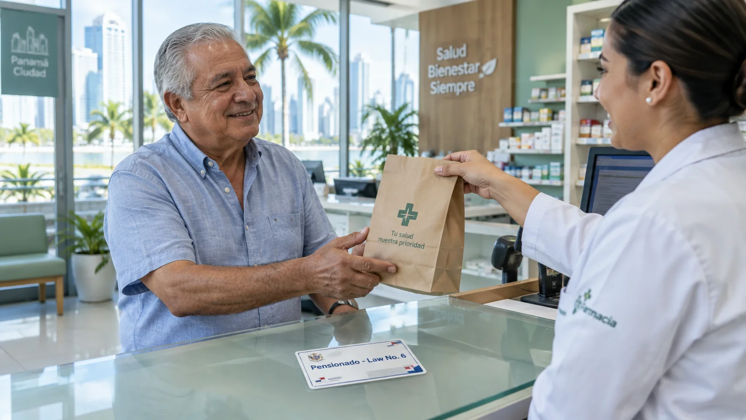 A senior man smiles as a pharmacist hands him a paper bag across a counter in front of large windows overlooking a city.