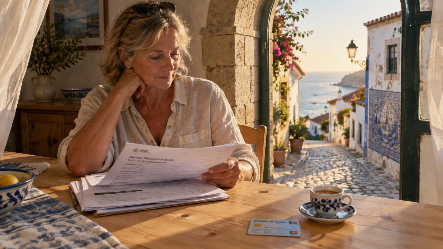 A woman sits at a wooden table reviewing healthcare documents by an open doorway overlooking a coastal Portuguese street.