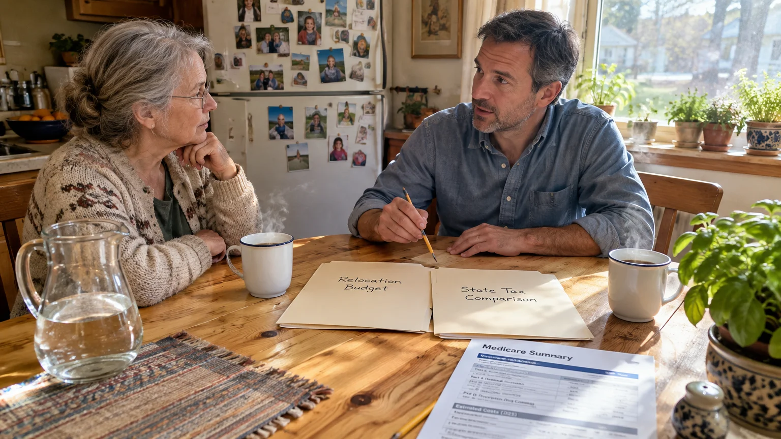 A man and woman sit at a kitchen table discussing documents labeled Relocation Budget and State Tax Comparison.