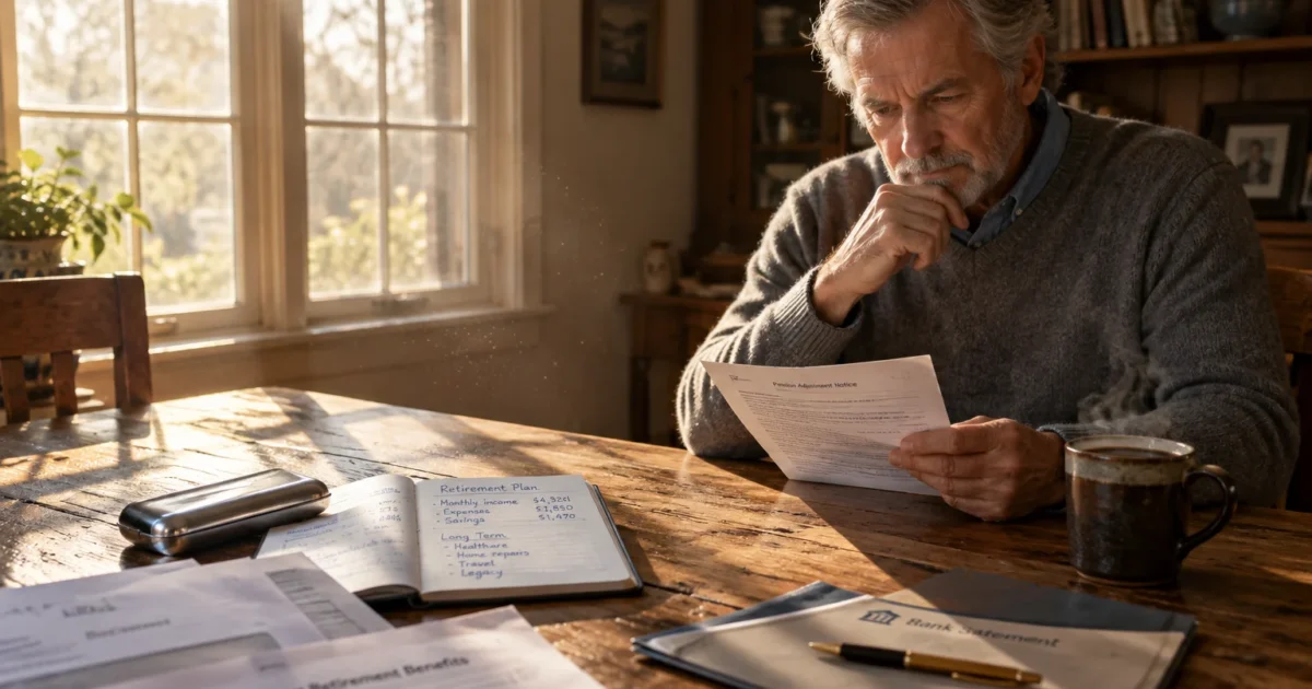 A senior man sitting at a wooden table reviewing financial documents beside an open notebook and coffee mug.