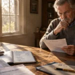 A senior man sitting at a wooden table reviewing financial documents beside an open notebook and coffee mug.