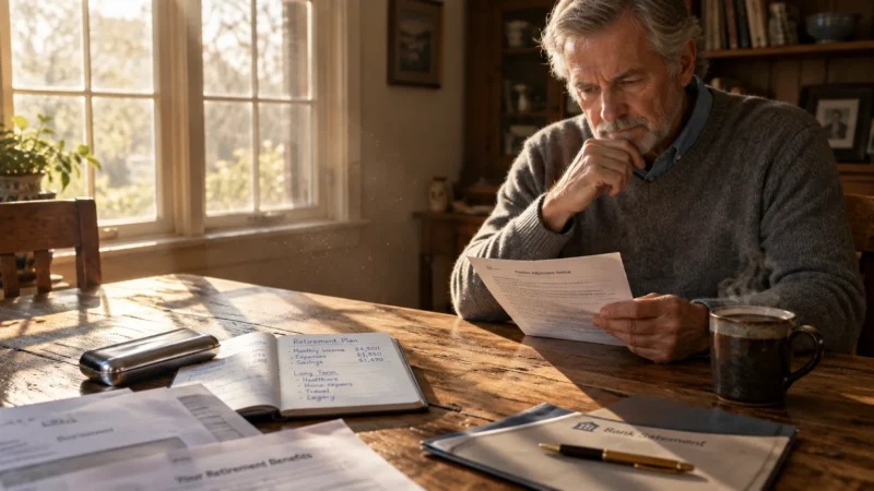 A senior man sitting at a wooden table reviewing financial documents beside an open notebook and coffee mug.