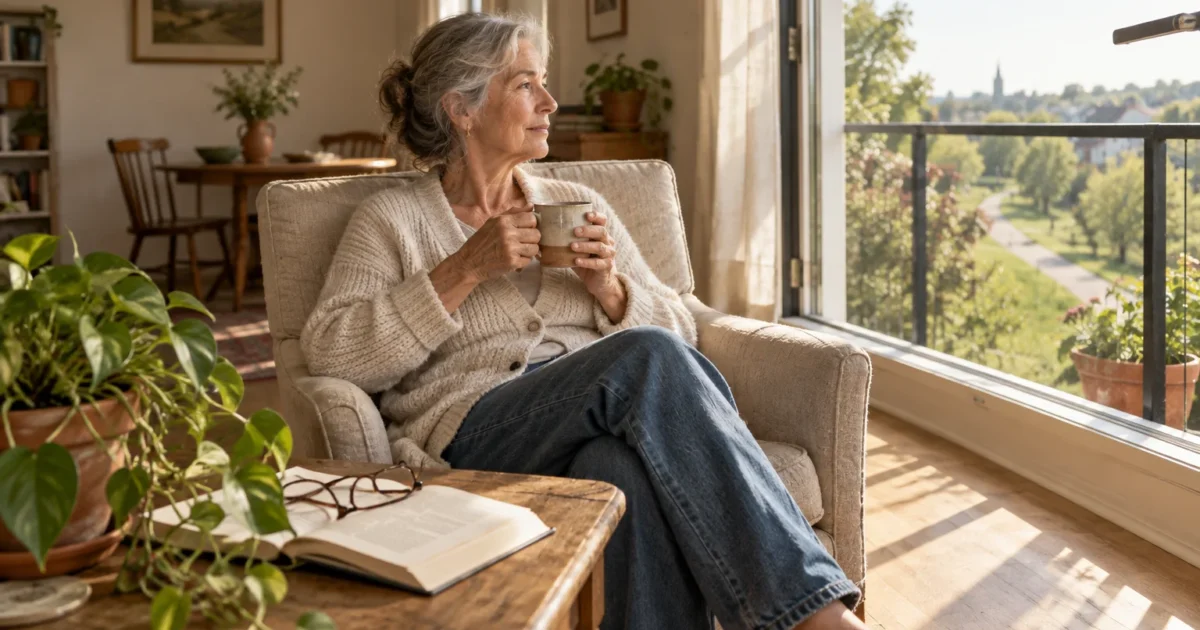 Senior woman sitting in an armchair with a mug, looking out a large window overlooking a scenic park.