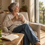Senior woman sitting in an armchair with a mug, looking out a large window overlooking a scenic park.