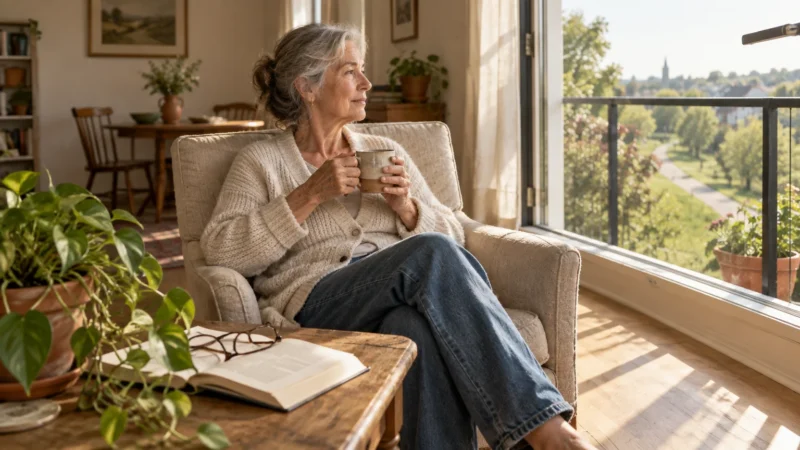 Senior woman sitting in an armchair with a mug, looking out a large window overlooking a scenic park.