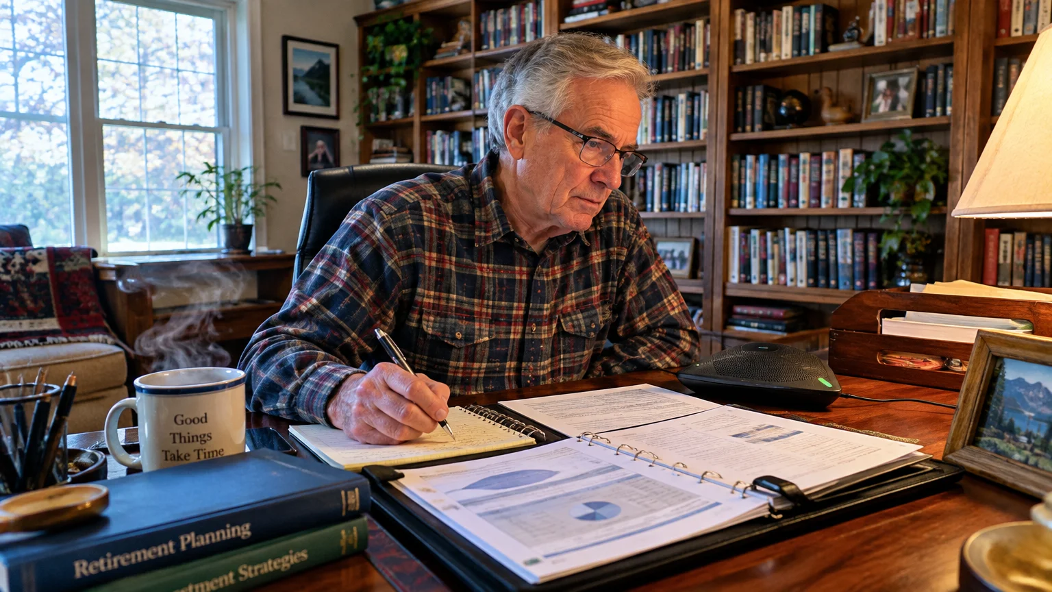 An older man wearing glasses and a plaid shirt sits at a desk taking notes beside retirement planning binders.