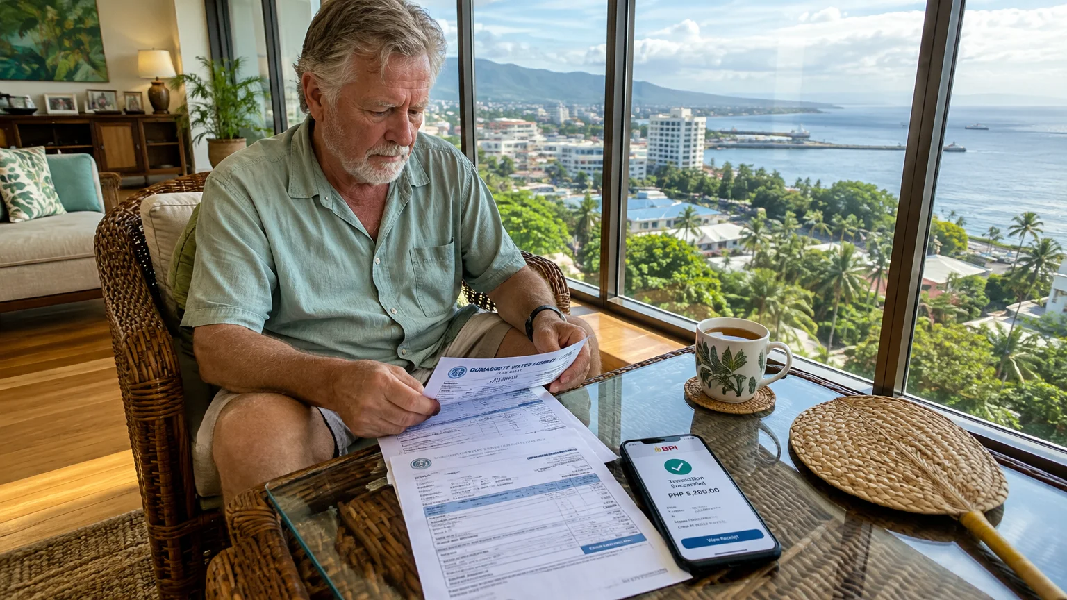 A senior man in an armchair reviews paperwork at a glass table overlooking a coastal city and ocean.