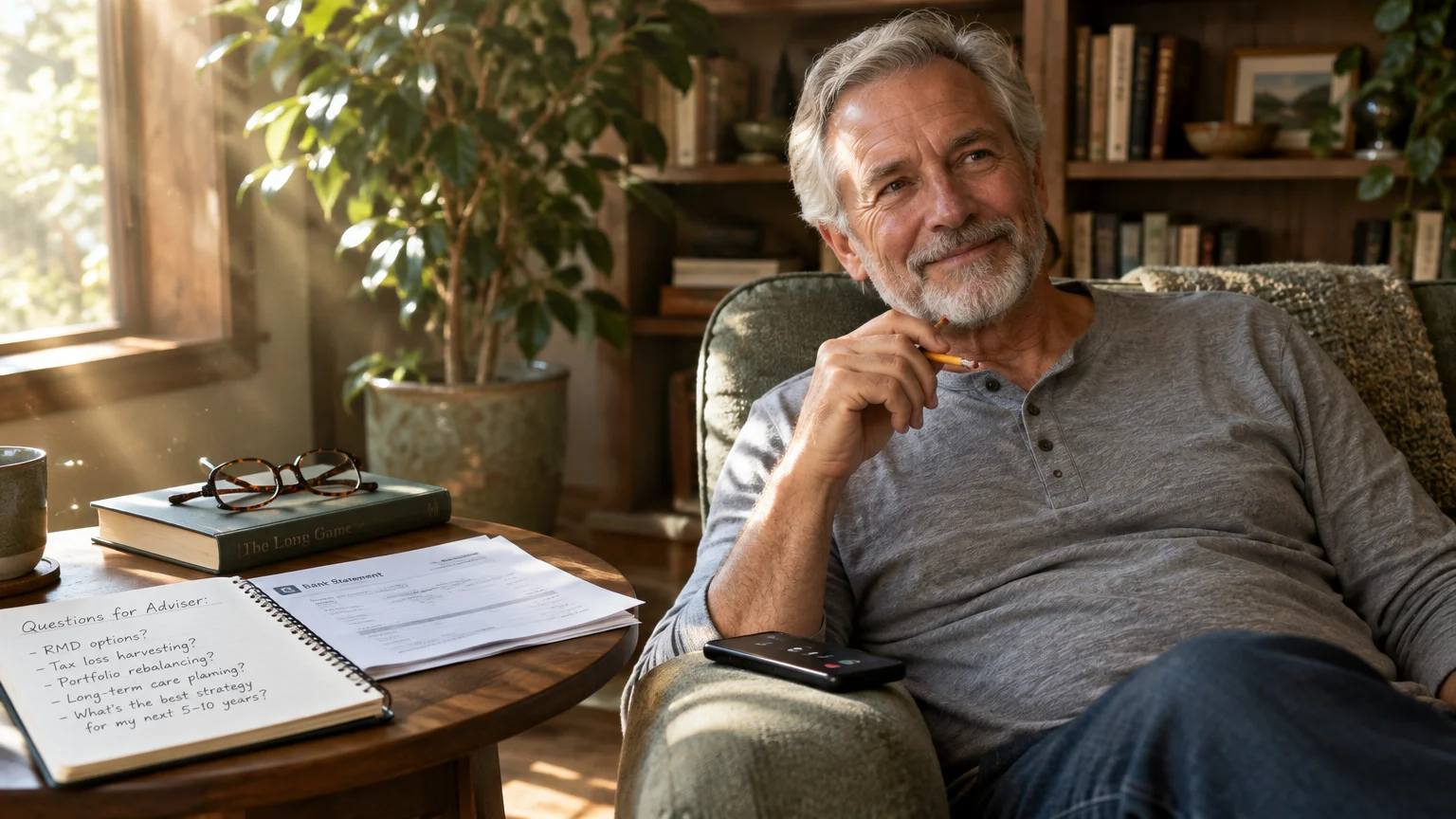 Smiling senior man with a beard sitting in an armchair next to a notebook with questions for a financial adviser.