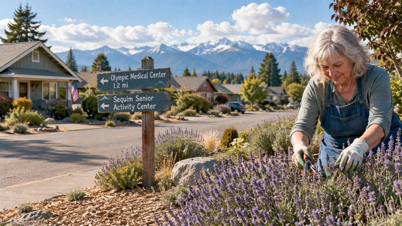 A senior woman trims lavender in a neighborhood garden near a wooden sign pointing toward local medical and activity centers.