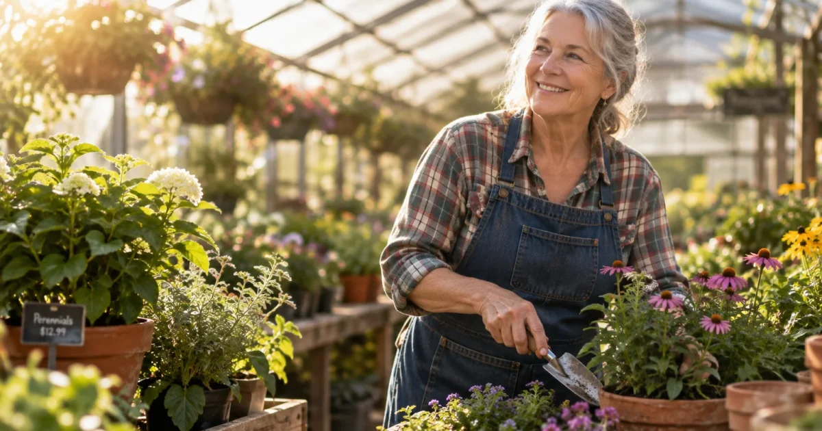 Smiling older woman wearing an apron gardening with a trowel inside a sunlit greenhouse nursery.