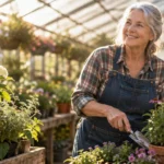 Smiling older woman wearing an apron gardening with a trowel inside a sunlit greenhouse nursery.