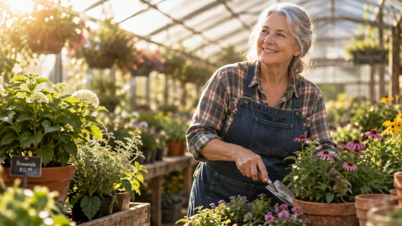 Smiling older woman wearing an apron gardening with a trowel inside a sunlit greenhouse nursery.