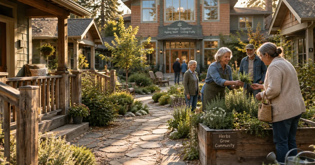 Older adults gather by a raised herb bed along a stone path between craftsman-style cottages.