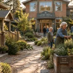 Older adults gather by a raised herb bed along a stone path between craftsman-style cottages.