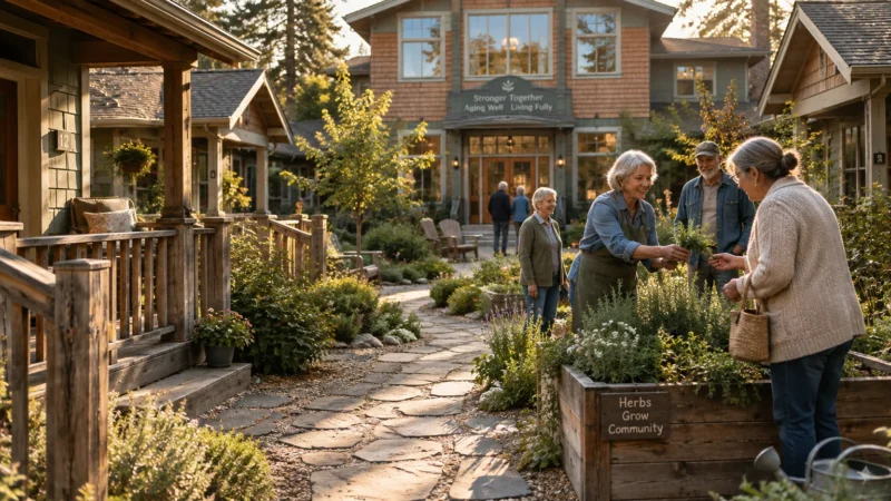 Older adults gather by a raised herb bed along a stone path between craftsman-style cottages.