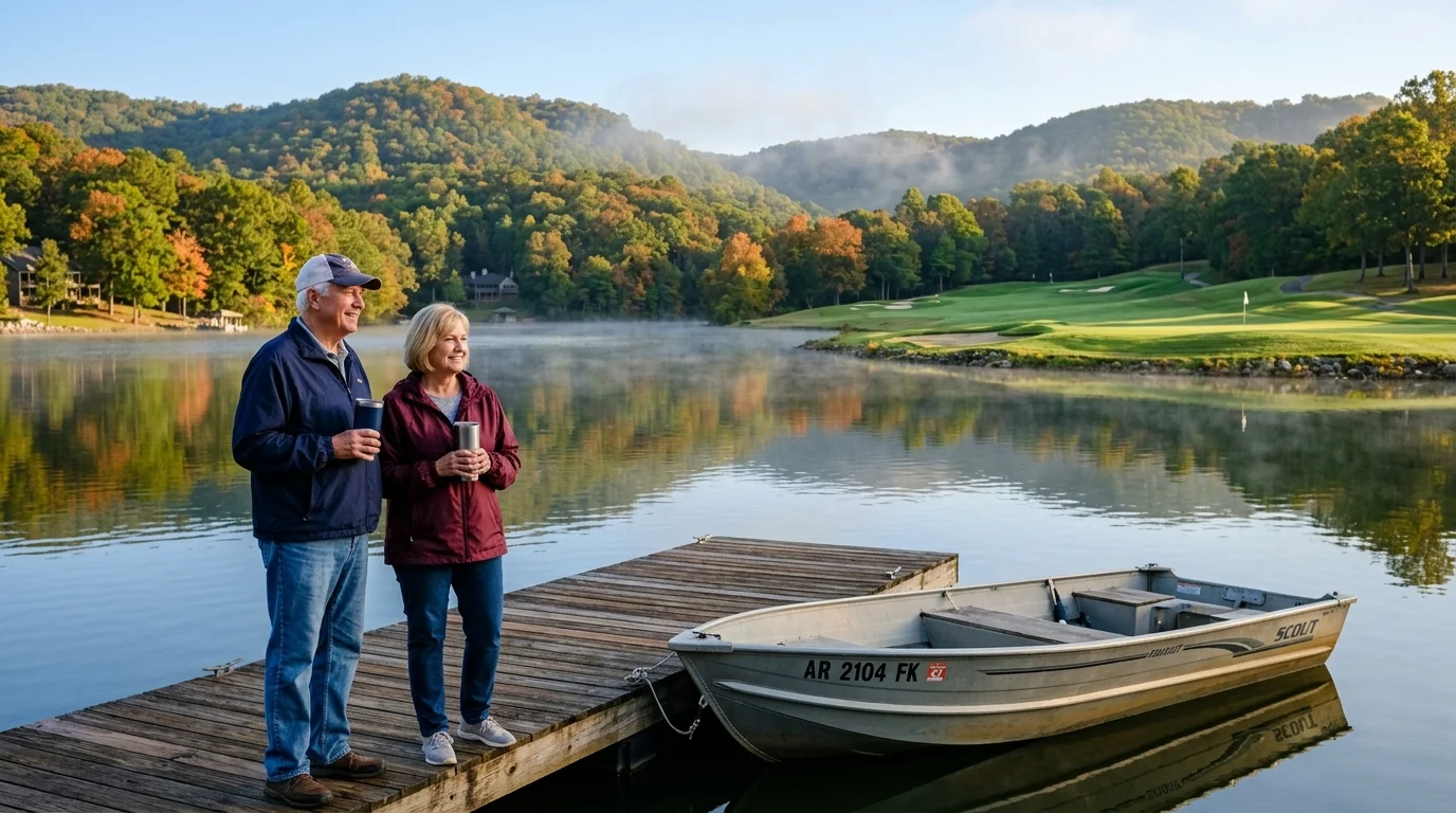 Older man and woman standing on a wooden dock by an aluminum boat on a misty lake with forested hills and a golf course.