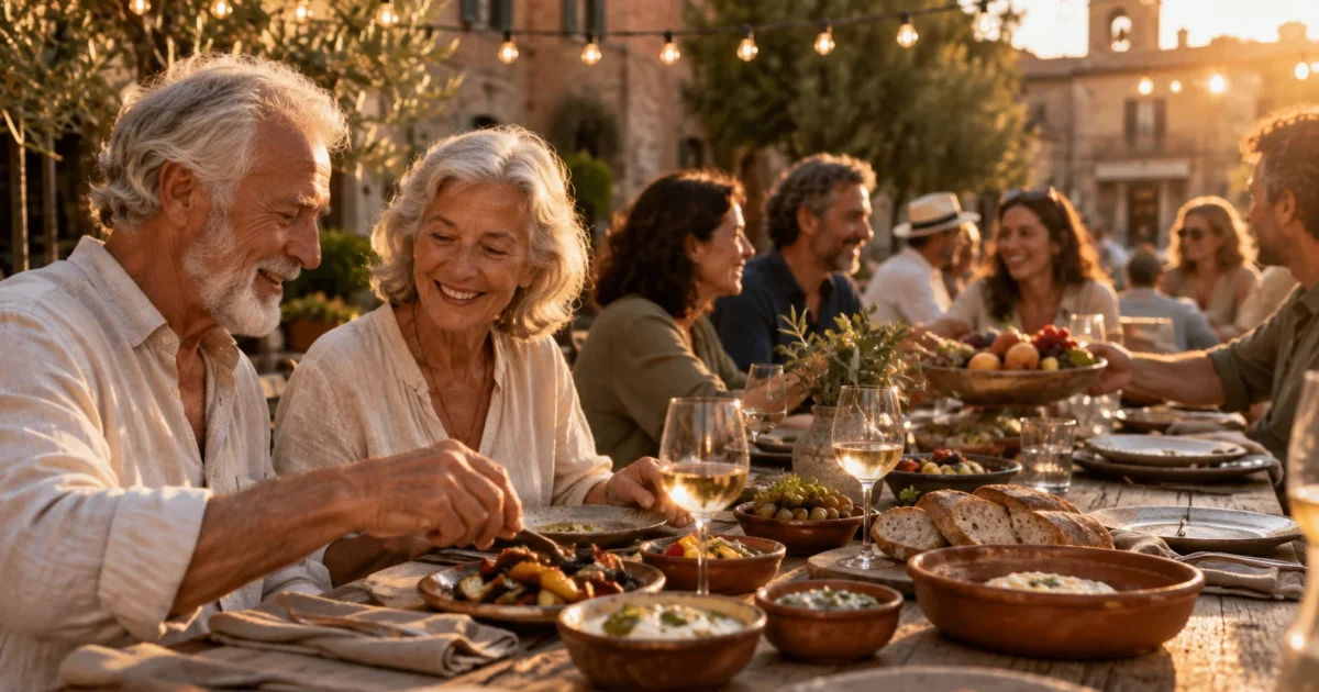 Older couple and friends enjoying wine and food along an outdoor rustic table under string lights at sunset.