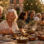 Older couple and friends enjoying wine and food along an outdoor rustic table under string lights at sunset.