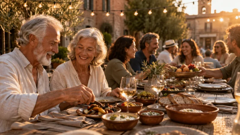Older couple and friends enjoying wine and food along an outdoor rustic table under string lights at sunset.