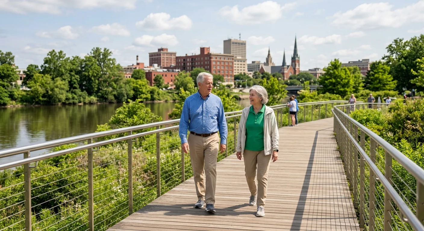 Older man and woman walking on an elevated wooden boardwalk beside a river with a city skyline in the background.